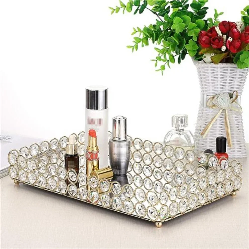 Crystal Cosmetic Vanity Tray, Mirrored Decorative Jewelry Organizer Tray